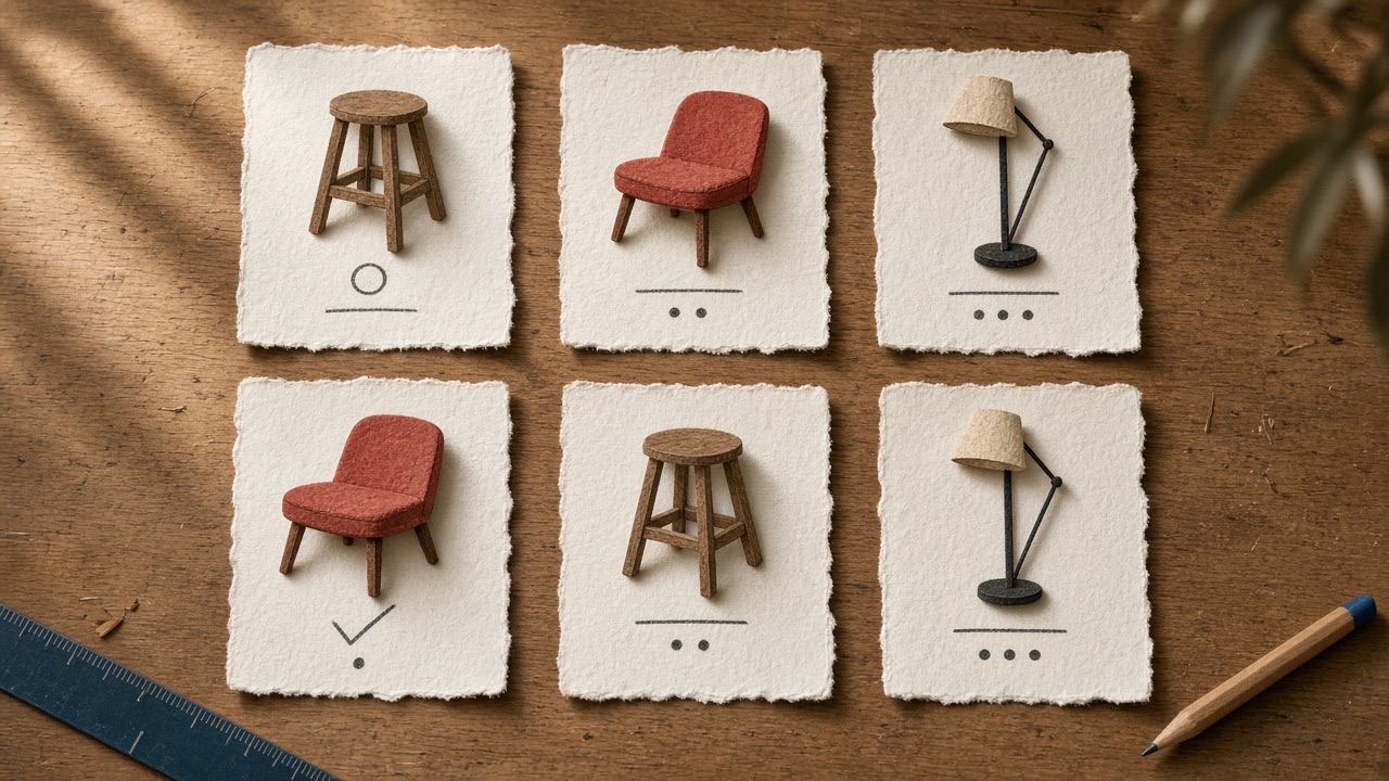 Six paper cards on a wooden desk, each with a miniature stool, chair or lamp and a hand-drawn grade mark below it.