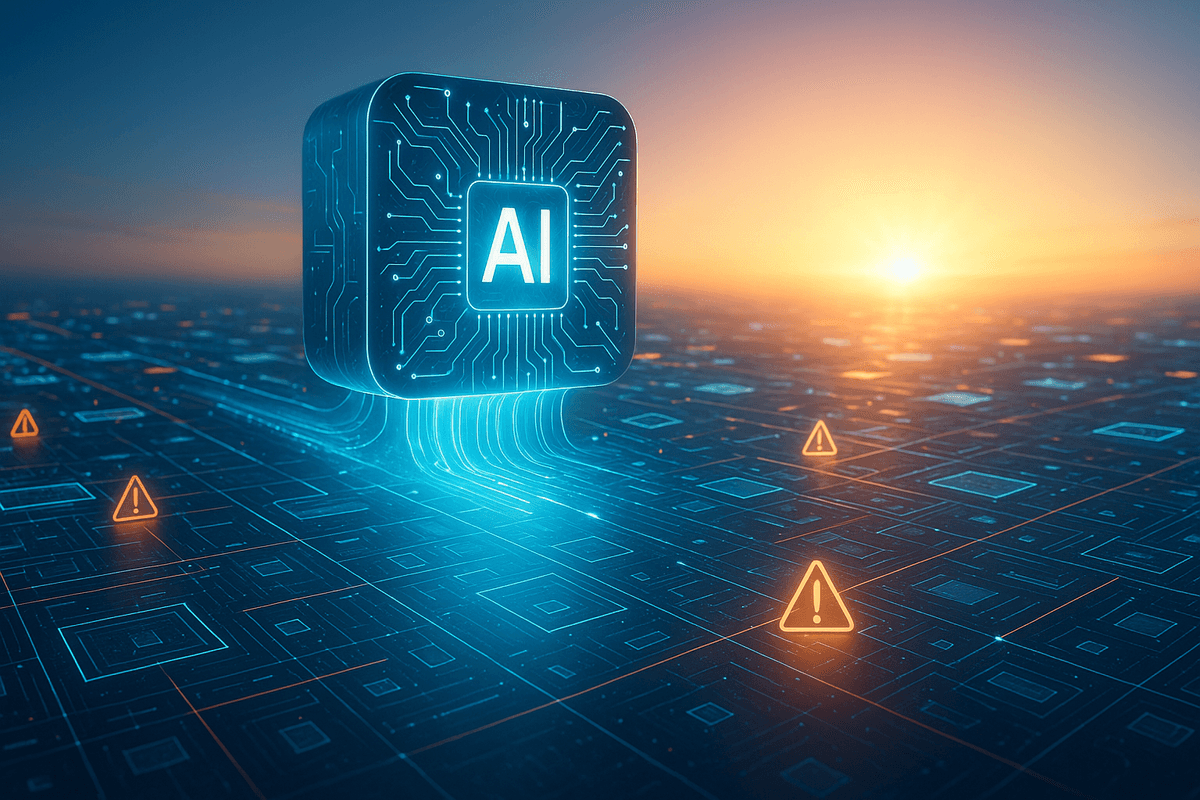 A balanced scale representing an impartial AI judge, slightly tilted by hidden weights labeled with bias icons.