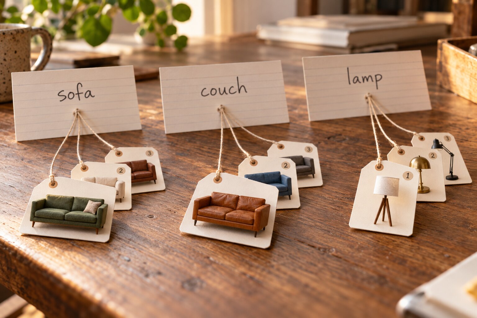 Three index cards on a wooden desk labelled sofa, couch and lamp. Strings run from each card to numbered paper tags with miniature sofas and lamps.